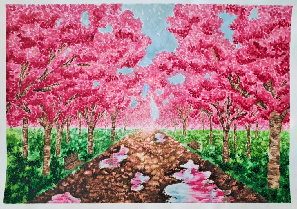 watercolour art by Nene from petals on parchment art studio based in South Africa. Featuring a cherry blossom lane