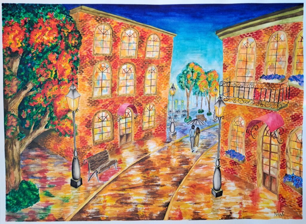 watercolour art by Nene from petals on parchment art studio based in South Africa. Featuring a colour experiment of night time scenery