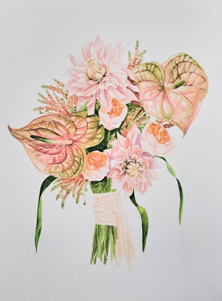 watercolour art by Nene from petals on parchment art studio based in South Africa. Featuring a wedding bouquet illustration